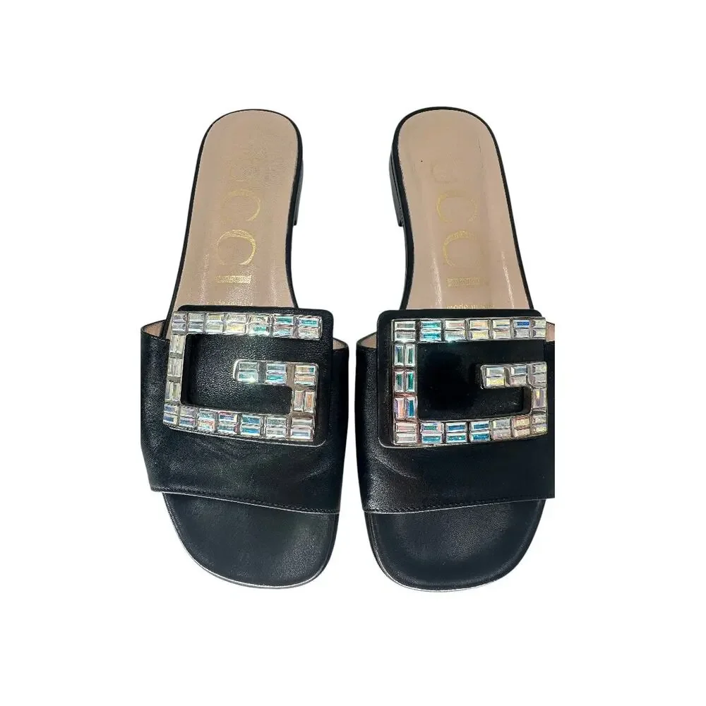 Gucci Leather Madelyn Crystal G Logo Slide Flats Sandals Black Size 36.5